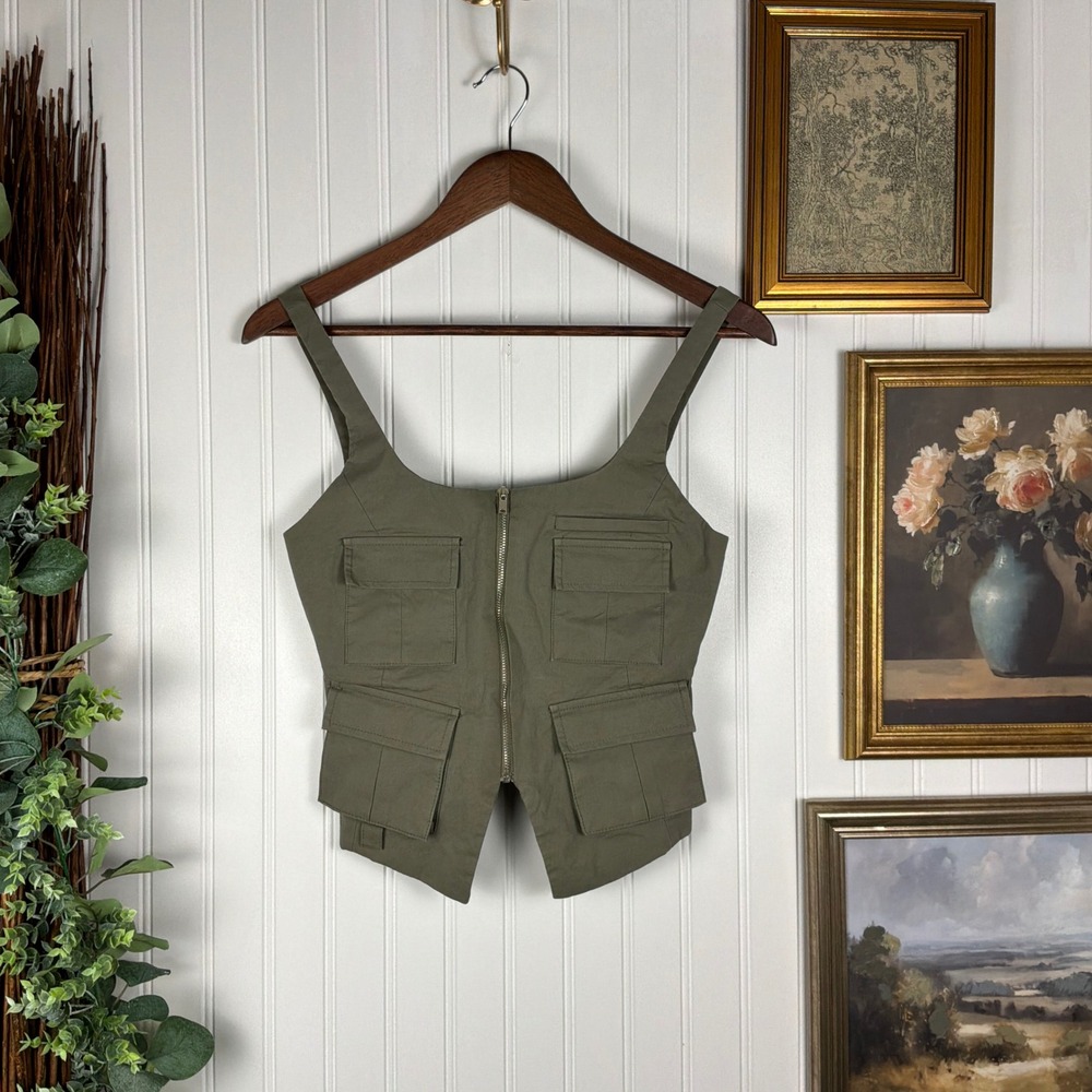 Zara Utility Cargo Vest Womens XS Green Excellent Zip Front Multi Pocket